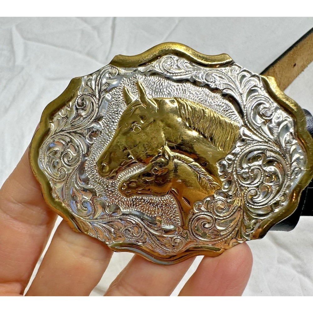 Crumrine Silver Plate Buckle Horse Mare Foal Two Tone Western Belt Black 26 - Picture 3 of 16
